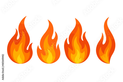 Set of four fire flame vector icons. Collection of burning bonfire symbols in flat design. Red and orange cartoon flames. Hot fire pictogram. Energy and power sign.