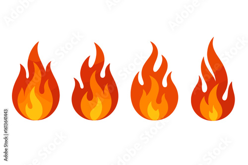 Fire flame vector icons set. Collection of burning flames shapes. Red and orange campfire or bonfire symbol. Hot energy and power sign concept. Danger warning logo element.