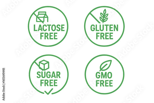 Lactose free, gluten free, sugar free, GMO free icon set. Food packaging label collection. Natural organic allergen logos. Healthy diet product stickers. Vector bio symbols.