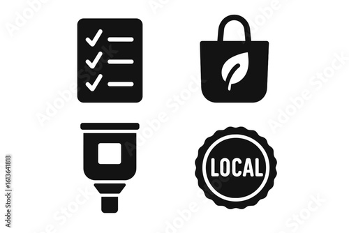 Eco shopping icons set for sustainable living. Glyph vector illustrations of responsible grocery shopping, checklist, reusable bag, zero waste bulk bin, and local food label.