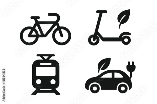 Eco transport icons. Green energy transportation set. Sustainable urban mobility pictograms. Bicycle, electric scooter, train, public transport, EV car vector symbol collection.