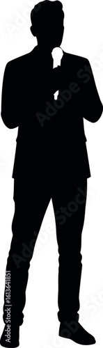 Man in suit silhouette holding microphone