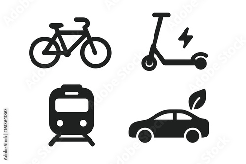 Eco transport icon set. Green energy, sustainable mobility. Solid glyph icons of eco-friendly transportation: bicycle, electric scooter, train, and hybrid electric car.