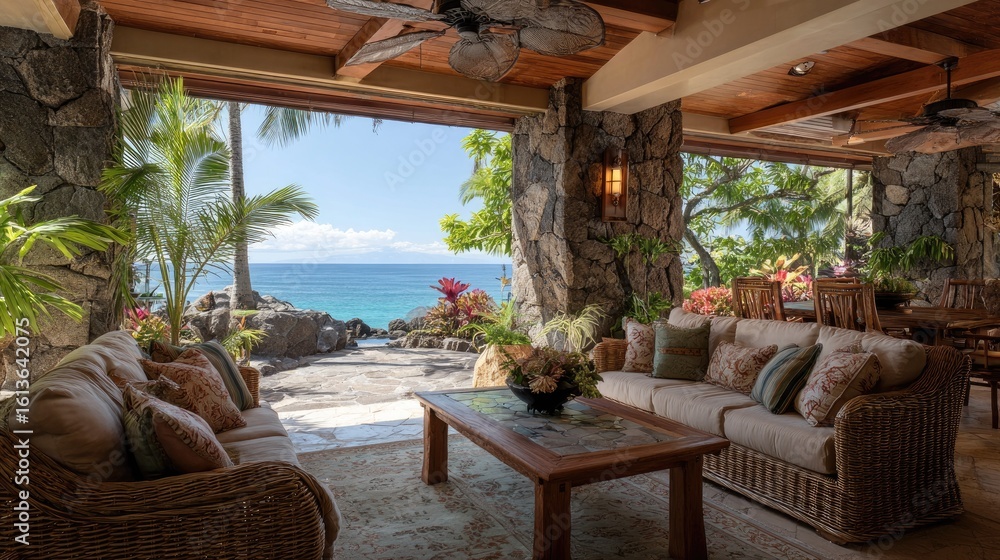Obraz premium Luxurious outdoor living room with ocean views