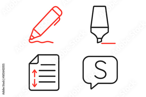 Editorial tools icon set. Outline icons for editing and proofreading. Red pen, highlighter marker, track changes, comment bubble, and style sheet for text correction. Vector.