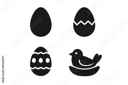Easter egg icon collection. Solid glyph vector symbols for spring and new beginnings. Features cracked shell, painted egg, and nesting bird. Simple black silhouette design.