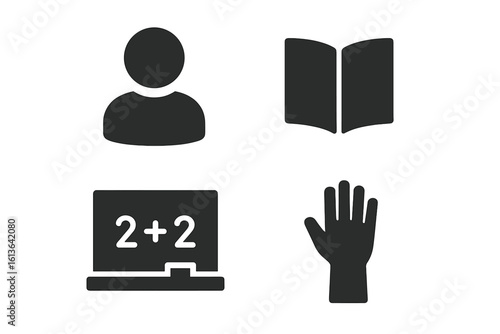 Education icon set for e-learning and school. Solid glyph vector symbols of a student, book, blackboard math lesson, and raised hand for classroom participation.