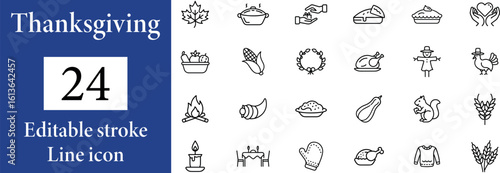 Collection of 24 Festive thanksgiving dinner icon featuring a turkey and autumn elements isolated on transparent background