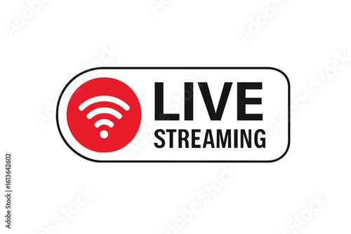 Live streaming icon for online broadcast. Red button for live video stream, news, TV, or webinar. Vector symbol for on-air media, web show, or internet digital play.