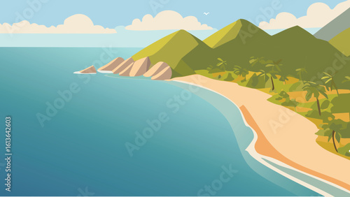 Stunning drone aerial view of a secluded crescent beach nestled between lush green cliffs and a tranquil blue sea, perfect for travel, nature, or adventure imagery.
