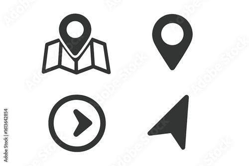 Map location and navigation icon set for web and mobile app UI design. Vector graphic elements including pin, marker, pointer, and arrow for GPS route and direction.