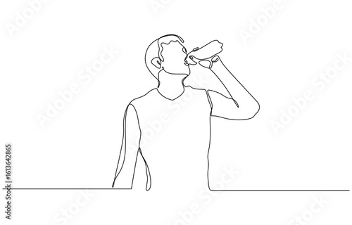 Continuous one line drawing of Man drink energy water from bottle vector illustration. Editable outline