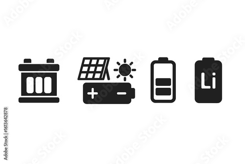 Energy storage icon set. Solid glyph pictograms of power systems. Solar panel, sun energy, charge level indicator, car accumulator, and lithium Li-ion battery pack symbols.