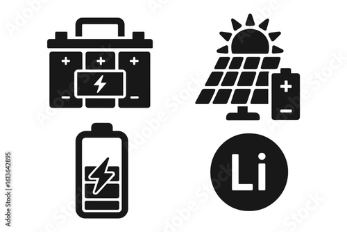 Energy storage system vector icon set. Solid glyph collection of battery pack, solar panel, power bank, lithium cell, charge level, and renewable electricity symbols. Vector.