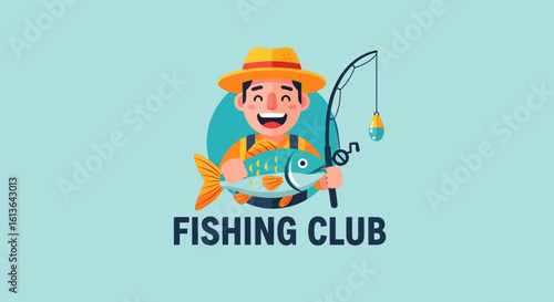 Cartoon Fisherman with Yellow Hat Holding a Fish and Fishing Rod.