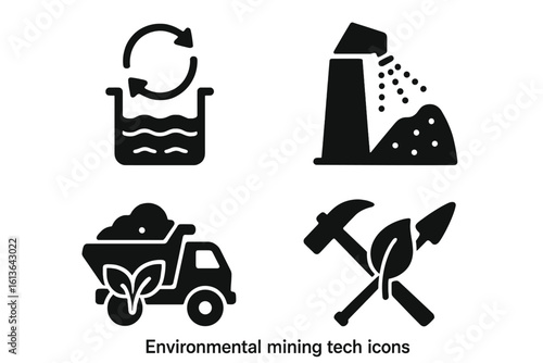 Environmental mining tech glyph icons. Solid icon set of green industry practices like water recycling, dust suppression, and sustainable extraction. Vector pictogram.