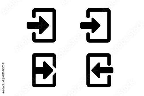 Login and logout icon set. User account access symbols. Sign in, sign out, and exit arrow buttons for website and mobile app UI. Simple entry vector graphic elements.
