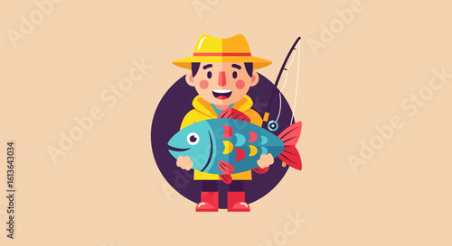 Cartoon Fisherman with Yellow Rain Hat Holding a Blue Fish with Red Fins.