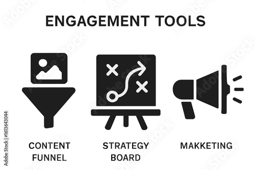 Engagement tools icon set. Solid glyph icons of content funnel, strategy board, and marketing megaphone. Business concept for advertising, promotion, and planning. Vector