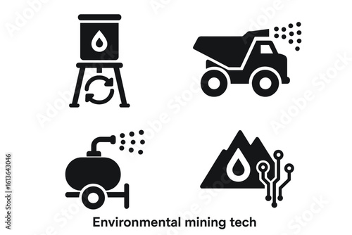 Environmental mining tech icon set. Sustainable industry symbols for water recycling, dust suppression with dump truck and tanker. Eco-friendly resource extraction vector.
