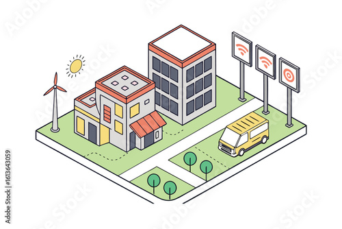 Isometric Illustration of a Modern City Block with Smart City Features

