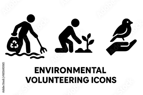 Environmental Volunteering Icons Set with Solid Filled Design Including Beach Cleanup, Tree Planting, Wildlife Conservation, Eco Activism, Sustainable Actions Vector Illustration