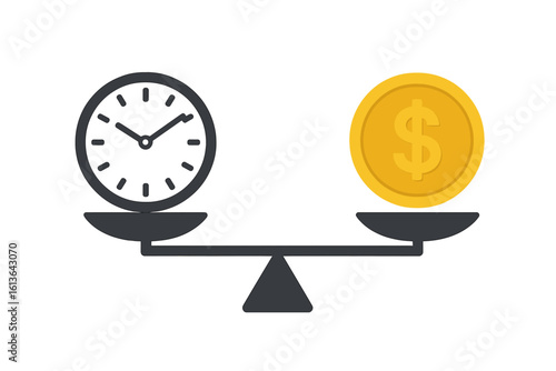 Time is money concept. Balance on scales between clock and dollar coin. Work life balance idea. Financial investment, value, choice, and opportunity cost concept. Vector.