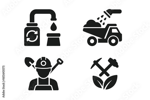 Environmental mining technology solid glyph icon set. Sustainable industry concepts like water recycling, dust suppression, land reclamation and mine worker pictogram.