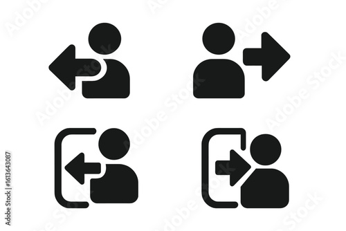 Login and logout vector icon set. Sign in and sign out user interface symbol collection for web and app. Enter, exit, account access pictogram glyphs on isolated background.