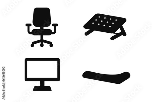 Ergonomic office furniture and equipment vector icon set. Solid black glyphs for correct posture and workplace health. Includes adjustable chair, footrest, monitor, wrist rest.