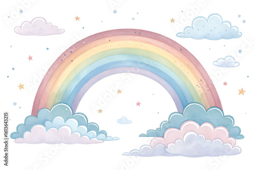 A watercolor rainbow arches between fluffy clouds and twinkling stars isolated on transparent background