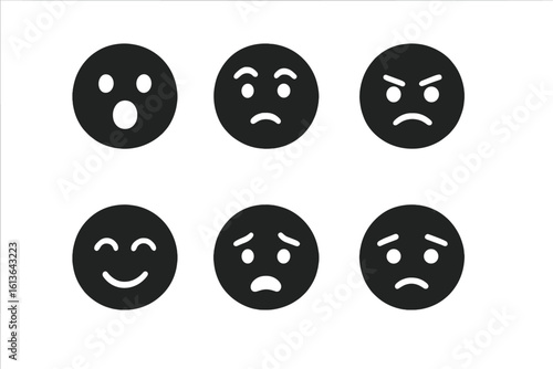 Emotional icon set. Solid filled glyph collection. Emoticon faces for user feedback and reactions. Includes happy, sad, angry, surprise, fear, and confusion expressions.