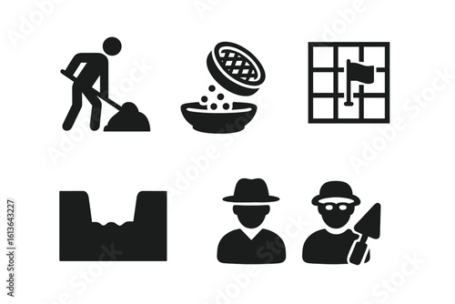 Archaeology excavation solid icon set. Vector glyphs of digging, sifting soil for artifacts, site grid, trench, and archaeological team. History and science symbols.
