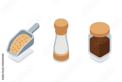 DIY body scrub ingredients icon set. Isometric vector illustration of sugar, salt, and coffee for natural exfoliation. Skincare, beauty treatment, homemade cosmetics concept.