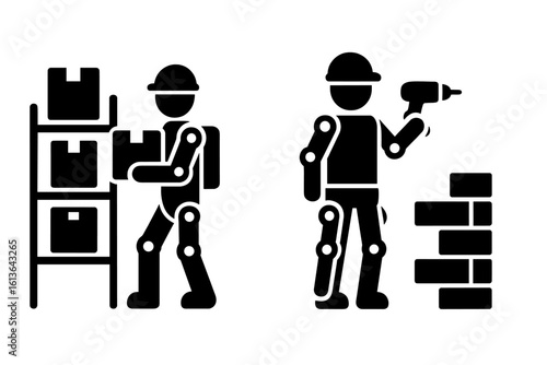 Exoskeleton occupation icons. Warehouse and construction workers using exosuits for strength and support. Future of labor, industrial robotics, bionic assistance. Vector glyphs.