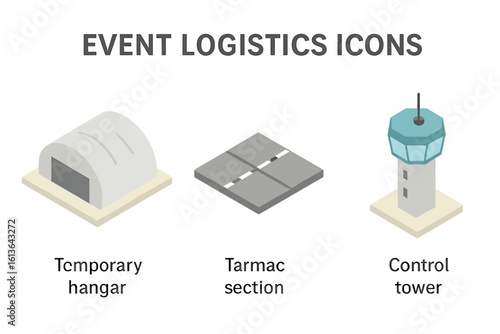 Event logistics isometric icon set. Airport infrastructure elements with temporary hangar, tarmac runway section, and air traffic control tower. Vector illustration design.