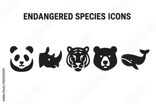 Endangered species icon set. Solid filled glyph icons of rare wild animals. Wildlife conservation concept with panda, rhino, tiger, polar bear, blue whale symbols.