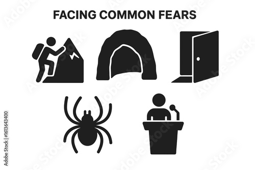 Facing common fears glyph icon set. Phobia and anxiety concept. Mental health psychology symbols. Acrophobia, arachnophobia, claustrophobia, public speaking.
