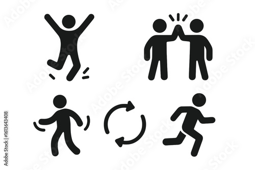 Energetic icon set with stick figures in motion. Includes jumping for joy, running, high five for teamwork and success, dancing, and spinning person pictogram icons.