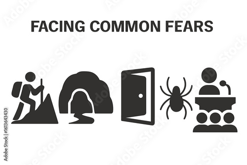 Common fears icon set. Phobia concepts vector. Glossophobia, arachnophobia, acrophobia, claustrophobia. Psychology illustration of anxiety, challenge, and courage.