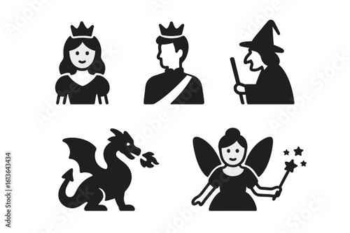 Fairy tale character icon set. Solid glyph vector collection of fantasy figures. Includes princess, prince, witch, fire-breathing dragon, and a fairy godmother with a magic wand.