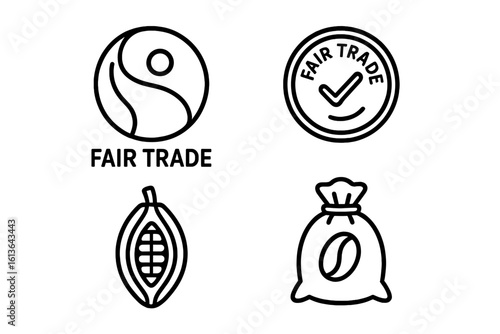 Fair Trade outline icon set. Vector collection of ethical certification logos, fair trade mark, and product symbols. Includes cacao pod and coffee bean sack for chocolate.