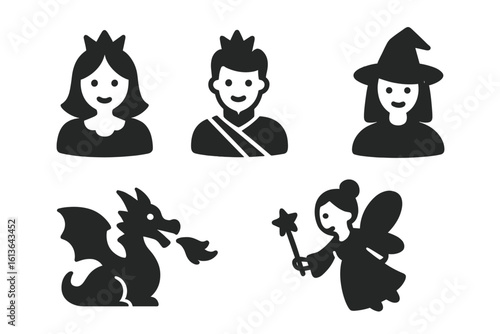 Fairy tale icon set with classic characters. Solid glyph collection of a princess, prince, witch, dragon, and fairy godmother. Fantasy vector pictogram symbols.