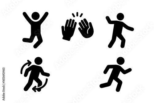 Energetic movement solid icon set. People jumping, running, dancing, high five. Simple black glyph pictograms for success, fun, and celebration. Vector person action symbols.