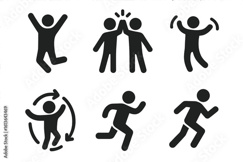 Active people icon set. Solid glyph pictograms of figures running, jumping in celebration, teamwork high five. Energetic human movement and success vector symbols.
