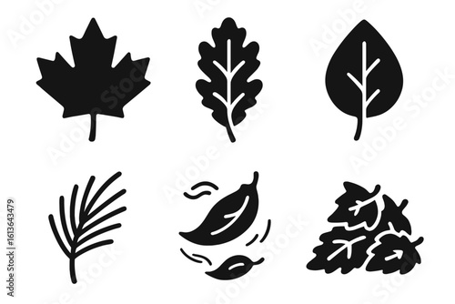 Autumn leaves icon set. Solid glyph collection of falling foliage. Vector graphic elements including maple, oak, birch leaf, pine needle, swirling wind, and leaf pile.
