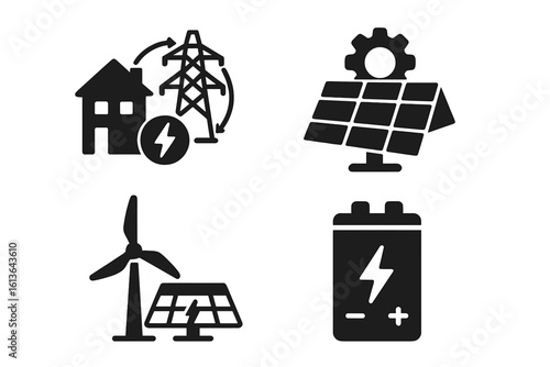 Energy management solid glyph icon set. Smart grid, solar panel, wind turbine vector symbols. Renewable power concept with battery storage, sustainable electricity icons.
