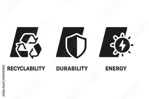 Environmental benefits icon set. Solid glyphs for recyclability, durability, and renewable energy. Sustainable product features. Eco friendly vector symbols. Quality guarantee.