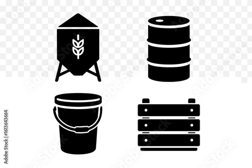 Farm storage icon set. Agriculture container solid glyph collection. Vector icons of grain silo, feed bin, metal barrel, bucket, and wooden crate. Farming symbol illustration.