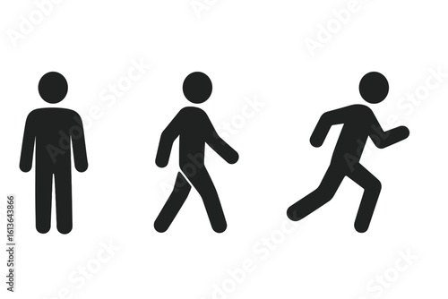 Man stand, walk, run icon set. Action sequence of person standing, walking, running. Human movement and activity pictogram symbol. Progress concept. Man silhouette vector.